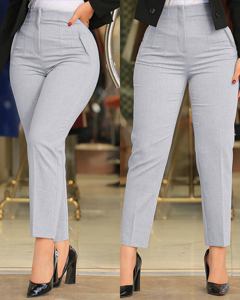 Pantalón de Cintura Alta con Corte Ajustado y Pliegues Decorativos para Mujer | Ideal para Oficina y Eventos Formales