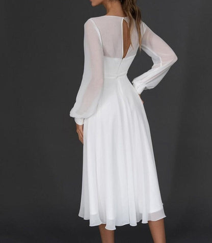Vestido Midi con Manga Transparente y Escote en Forma de Corazón para Mujer | Ideal para Eventos Formales