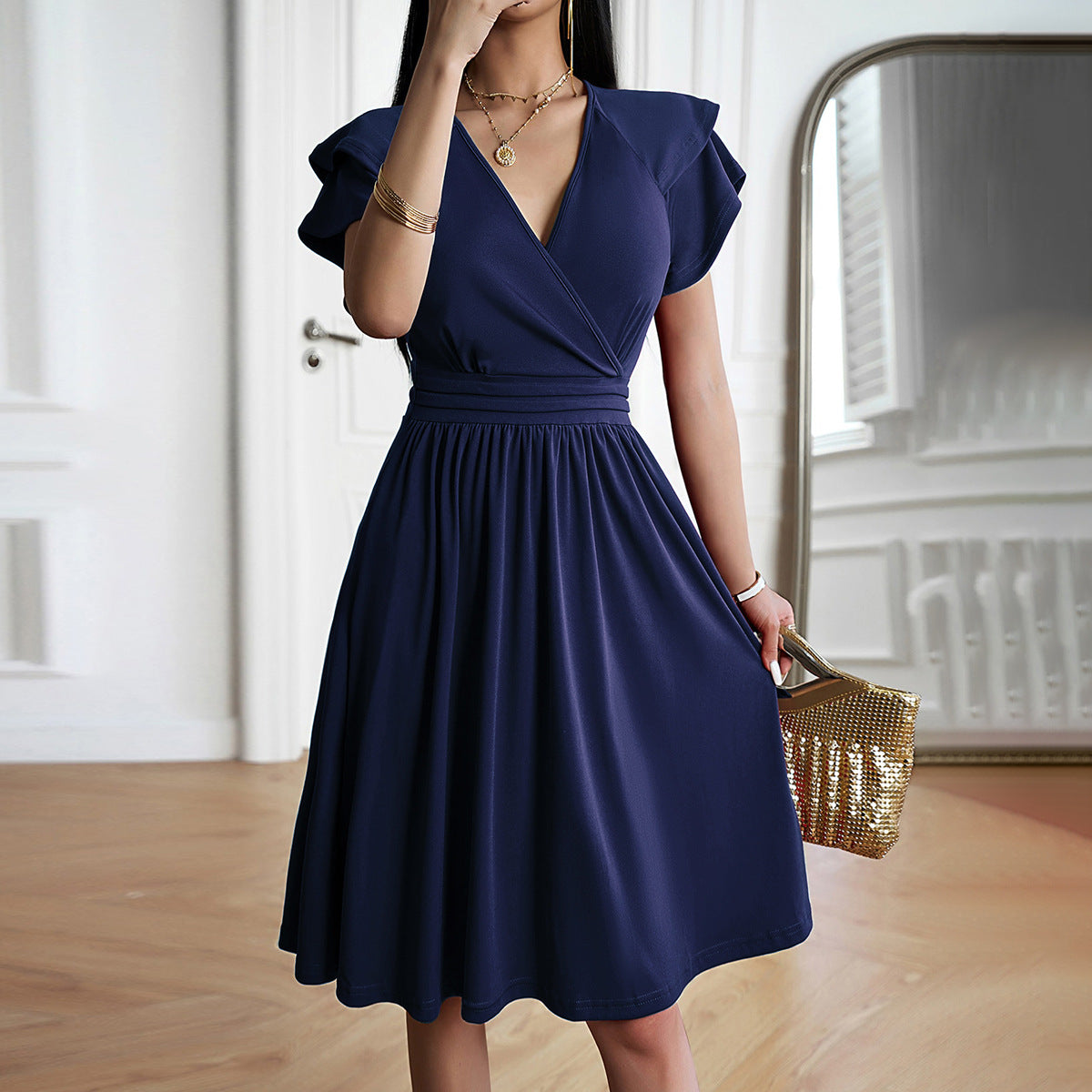 Vestido con Cuello en V y Falda Trapecio para Mujer | Ideal para Uso Diario y Salidas