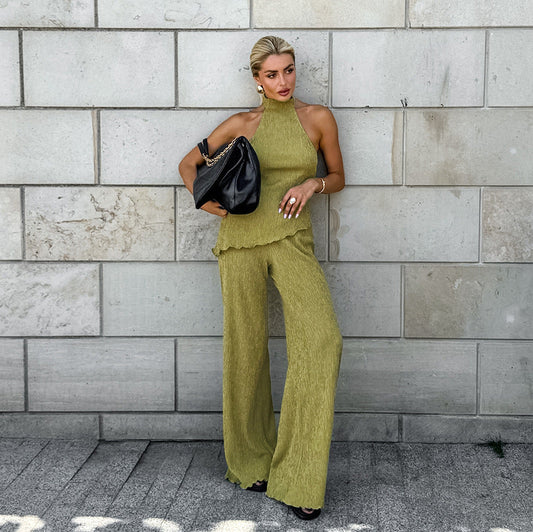 Conjunto De Dos Piezas Plisado Con Top Halter Y Pantalón De Pierna Ancha Para Mujer | Ideal Para Verano Y Eventos Al Aire Libre
