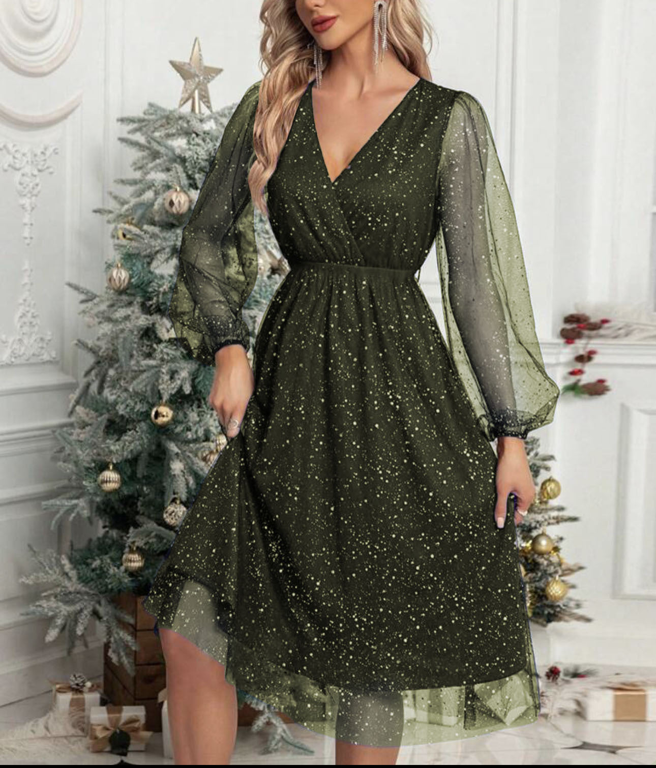Vestido Midi con Cuello en V y Mangas Abullonadas Transparentes para Mujer | Ideal para Eventos y Recepciones