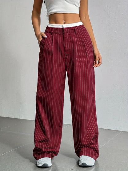 Pantalón De Pierna Ancha Con Rayas Verticales Y Cintura Elástica Para Mujer | Ideal Para Uso Diario Y Actividades Informales