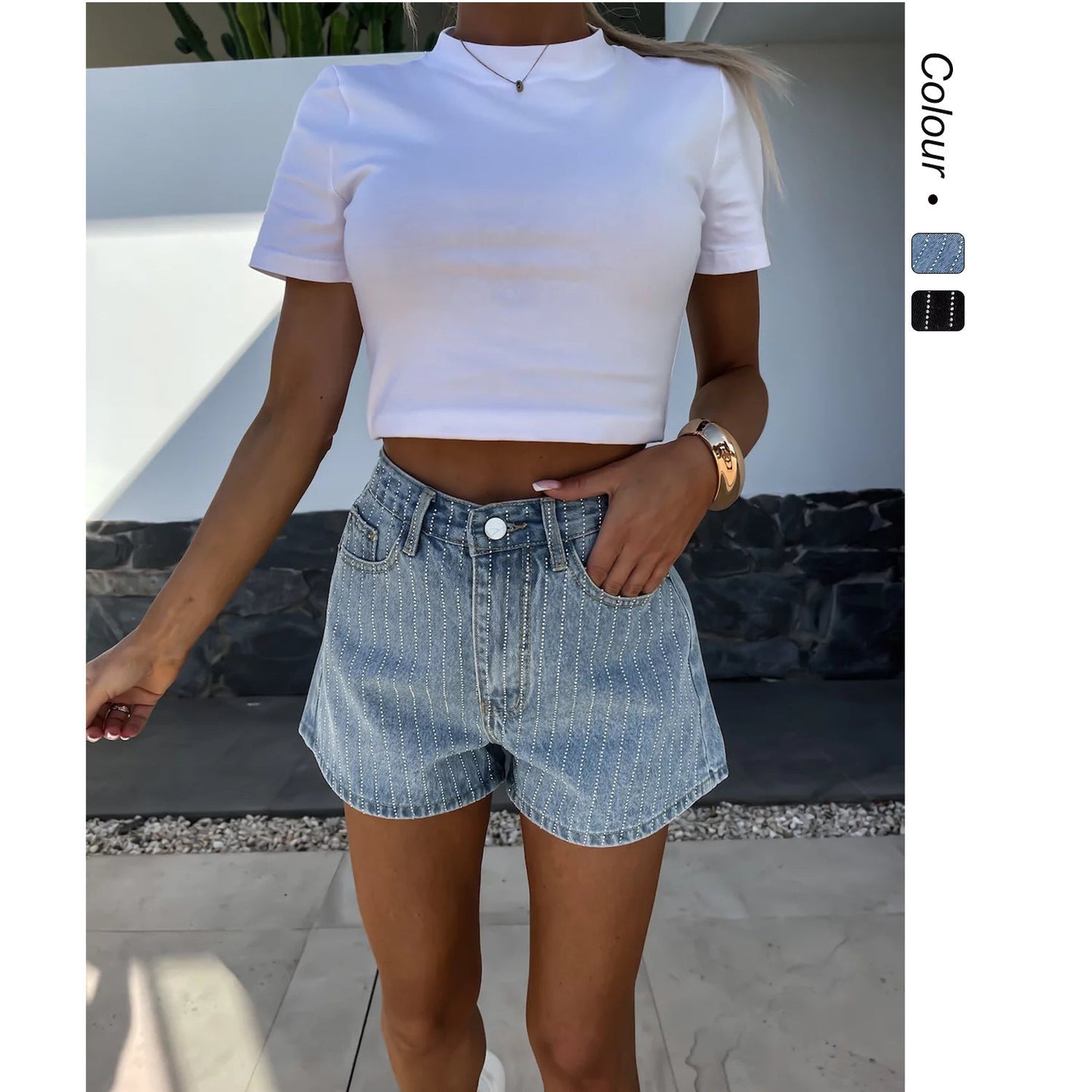 Short De Rayas Con Tiro Alto Y Cierre Frontal Para Uso Diario Para Mujer | Ideal Para Temporadas Cálidas