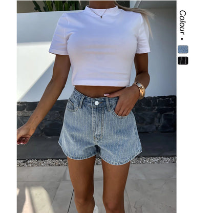 Short De Rayas Con Tiro Alto Y Cierre Frontal Para Uso Diario Para Mujer | Ideal Para Temporadas Cálidas