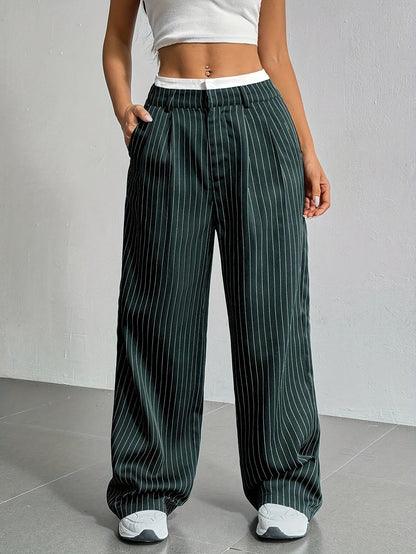 Pantalón De Pierna Ancha Con Rayas Verticales Y Cintura Elástica Para Mujer | Ideal Para Uso Diario Y Actividades Informales