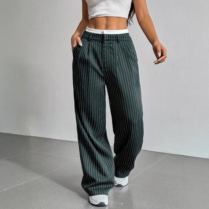 Pantalón De Pierna Ancha Con Rayas Verticales Y Cintura Elástica Para Mujer | Ideal Para Uso Diario Y Actividades Informales
