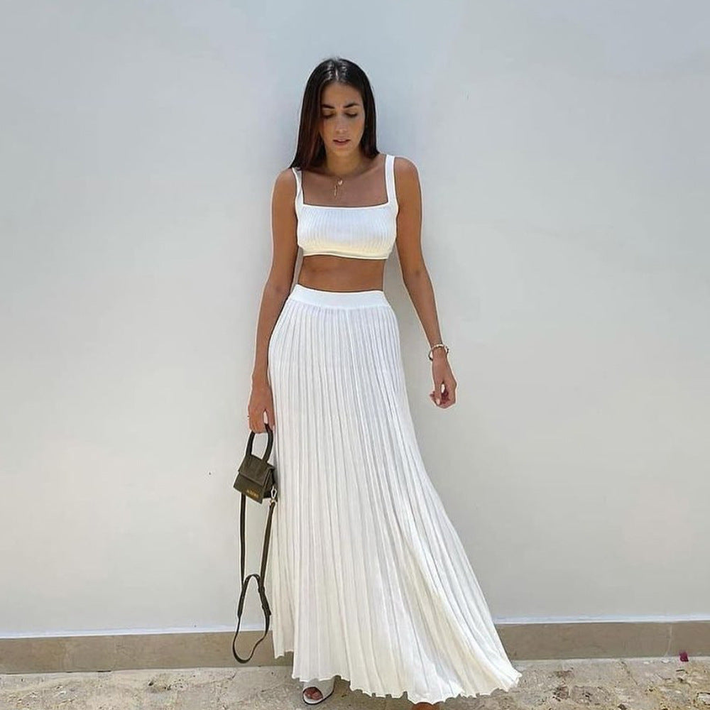Conjunto de Dos Piezas con Crop Top Slim Fit y Falda Maxi Plisada para Mujer | Ideal para Uso Diario o Ocasiones Formales
