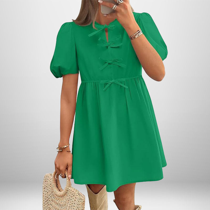 Vestido Corto Con Mangas Abullonadas Y Detalle De Lazo Para Mujer | Ideal Para Uso Diario Y Eventos
