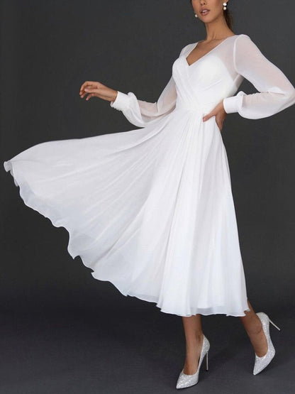 Vestido Midi con Manga Transparente y Escote en Forma de Corazón para Mujer | Ideal para Eventos Formales