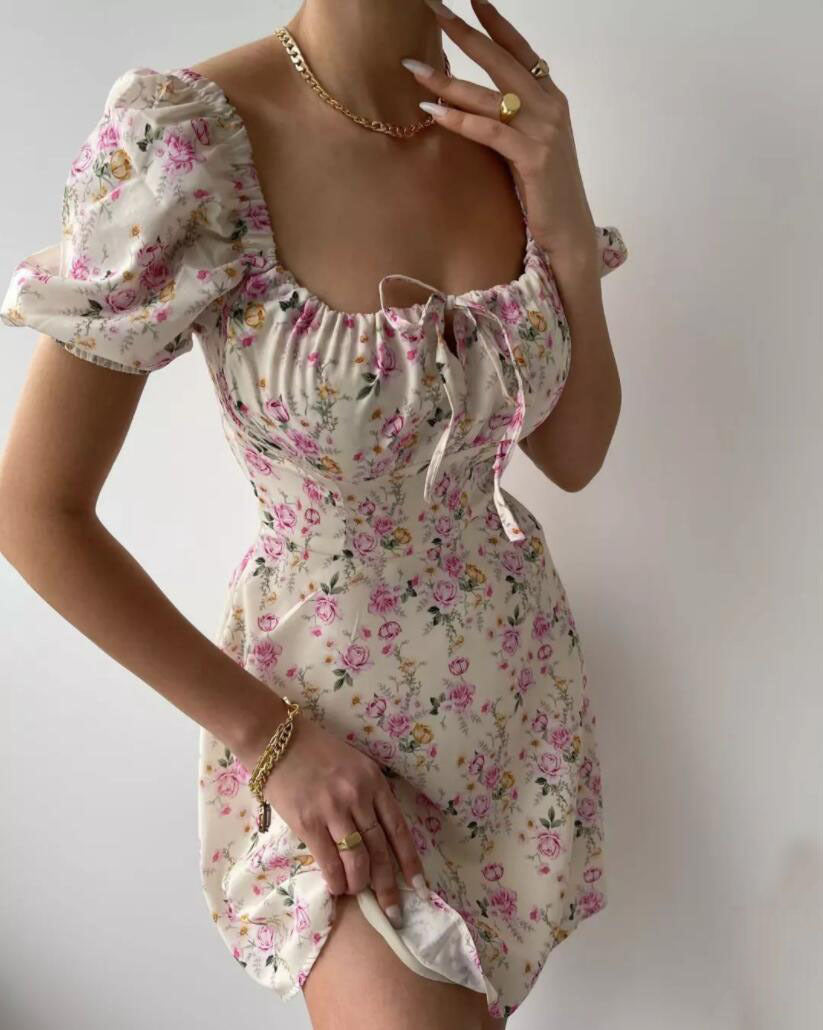 Vestido Mini Con Estampado Floral Y Laçado Frontal Para Mujer | Ideal Para Uso En Verano