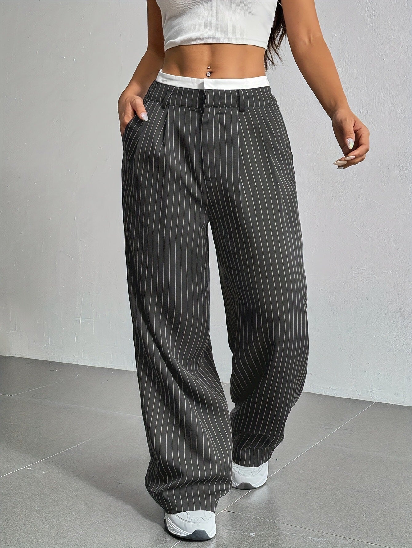 Pantalón De Pierna Ancha Con Rayas Verticales Y Cintura Elástica Para Mujer | Ideal Para Uso Diario Y Actividades Informales