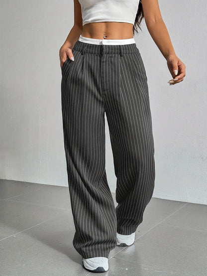 Pantalón De Pierna Ancha Con Rayas Verticales Y Cintura Elástica Para Mujer | Ideal Para Uso Diario Y Actividades Informales