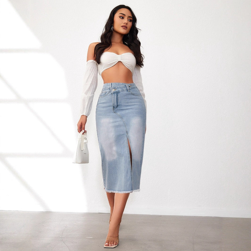Falda Midi Ajustada con Fenda Alta y Bajo Desflecado para Mujer | Ideal para Uso Diario o Eventos Planificados