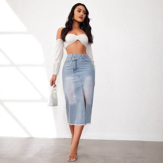 Falda Midi Ajustada con Fenda Alta y Bajo Desflecado para Mujer | Ideal para Uso Diario o Eventos Planificados