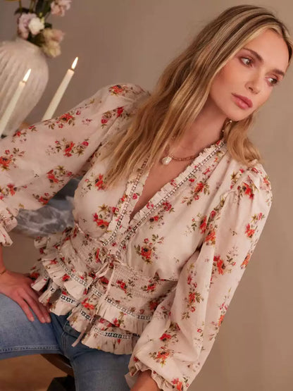 Blusa de Manga Larga con Cuello en V, Encaje y Volantes para Mujer | Ideal para Uso Diario
