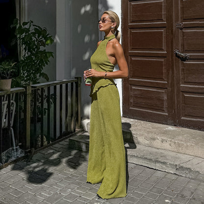 Conjunto De Dos Piezas Plisado Con Top Halter Y Pantalón De Pierna Ancha Para Mujer | Ideal Para Verano Y Eventos Al Aire Libre