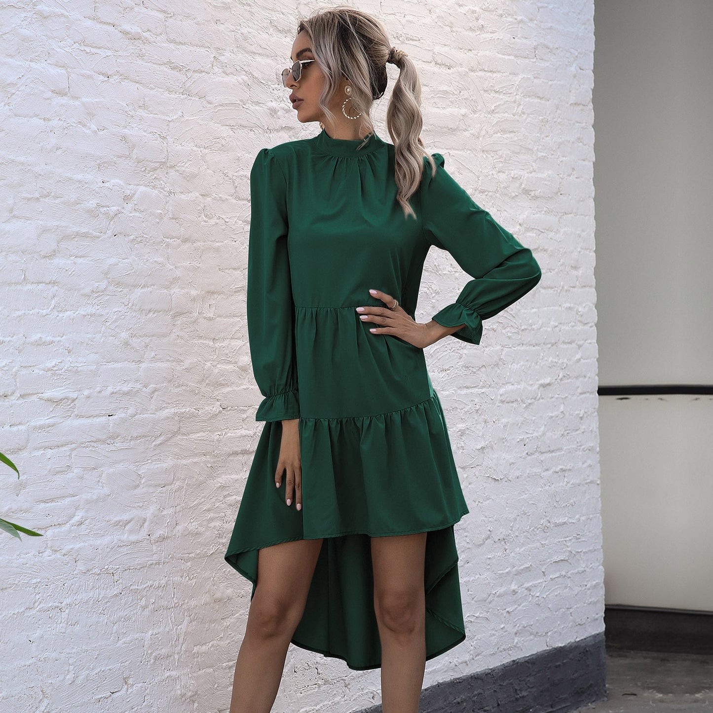 Vestido Midi con Mangas Largas y Detalles Fruncidos para Mujer | Ideal para Ceremonias y Uso Diario
