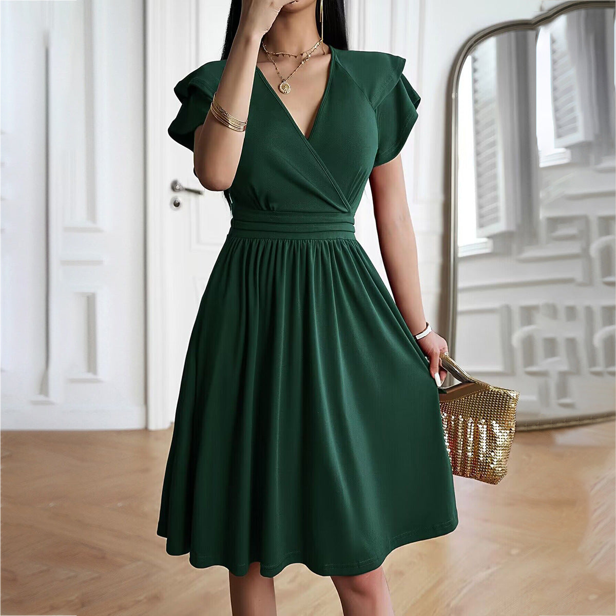 Vestido con Cuello en V y Falda Trapecio para Mujer | Ideal para Uso Diario y Salidas