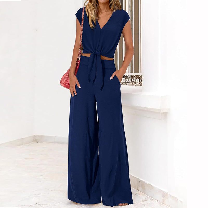 Conjunto De Dos Piezas Con Top Corto De Escote En V Y Pantalón De Cintura Alta Para Mujer | Ideal Para Uso Diario