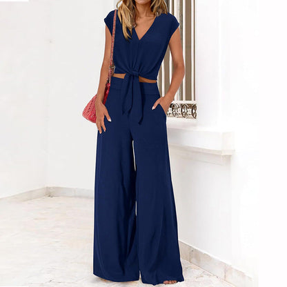 Conjunto De Dos Piezas Con Top Corto De Escote En V Y Pantalón De Cintura Alta Para Mujer | Ideal Para Uso Diario