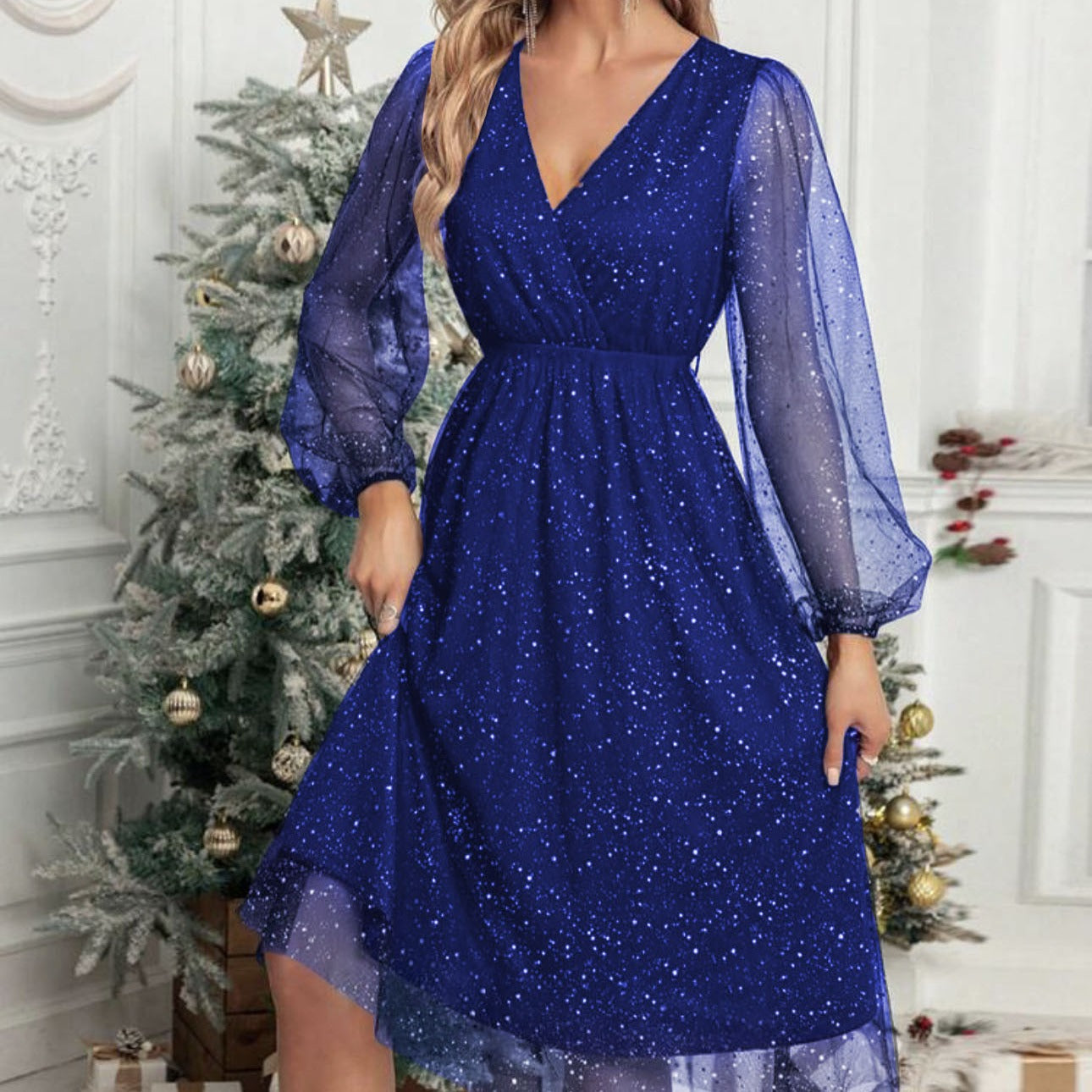 Vestido Midi con Cuello en V y Mangas Abullonadas Transparentes para Mujer | Ideal para Eventos y Recepciones