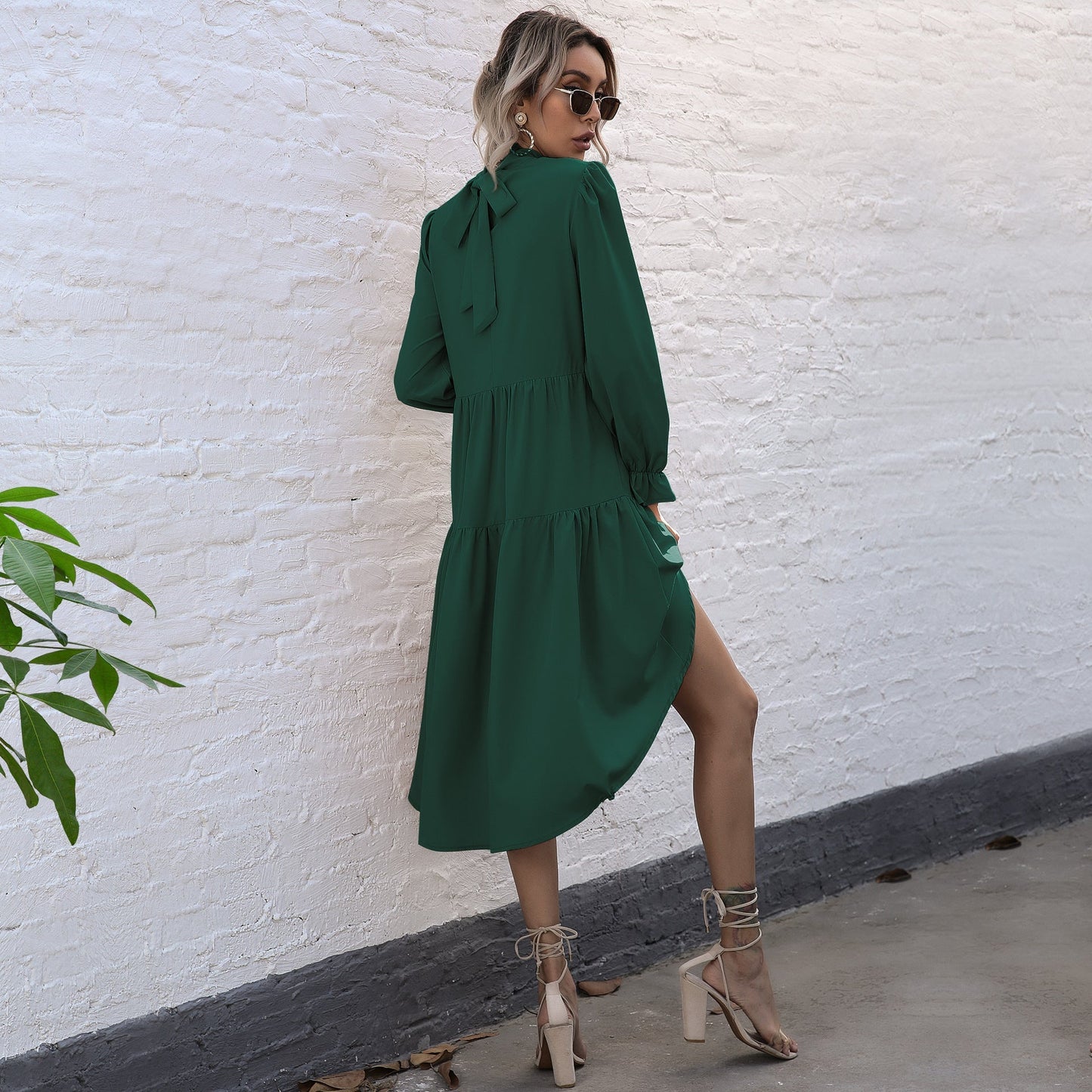 Vestido Midi con Mangas Largas y Detalles Fruncidos para Mujer | Ideal para Ceremonias y Uso Diario