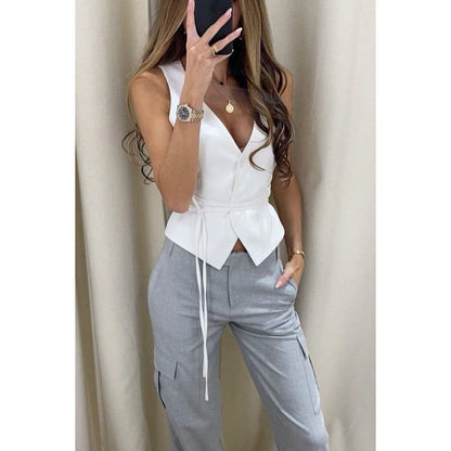 Top Sin Mangas Con Escote En V Y Cintura Ajustable Para Mujer | Ideal Para Uso Diario Y Eventos