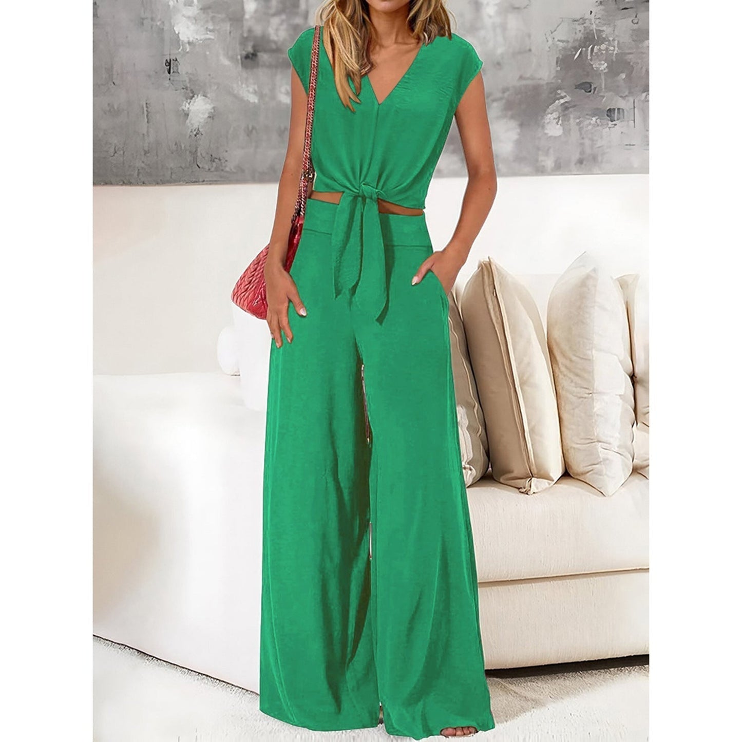 Conjunto De Dos Piezas Con Top Corto De Escote En V Y Pantalón De Cintura Alta Para Mujer | Ideal Para Uso Diario