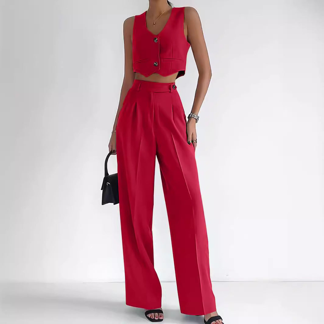 Conjunto De Dos Piezas Con Gilet Corto Abotonado Y Pantalón De Cintura Alta Para Mujer | Ideal Para Uso Diario