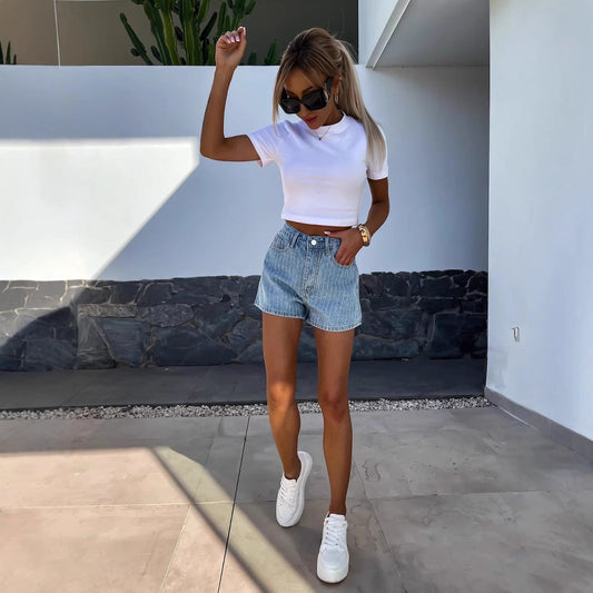 Short De Rayas Con Tiro Alto Y Cierre Frontal Para Uso Diario Para Mujer | Ideal Para Temporadas Cálidas