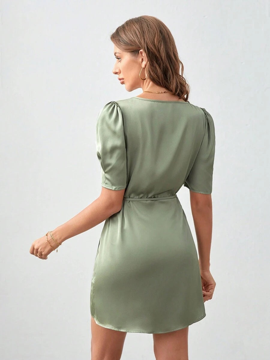 Vestido Corto Con Mangas Abullonadas Y Escote En V Para Mujer | Ideal Para Uso Diario