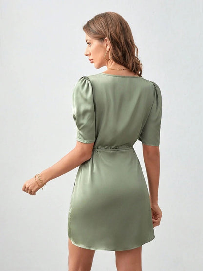 Vestido Corto Con Mangas Abullonadas Y Escote En V Para Mujer | Ideal Para Uso Diario