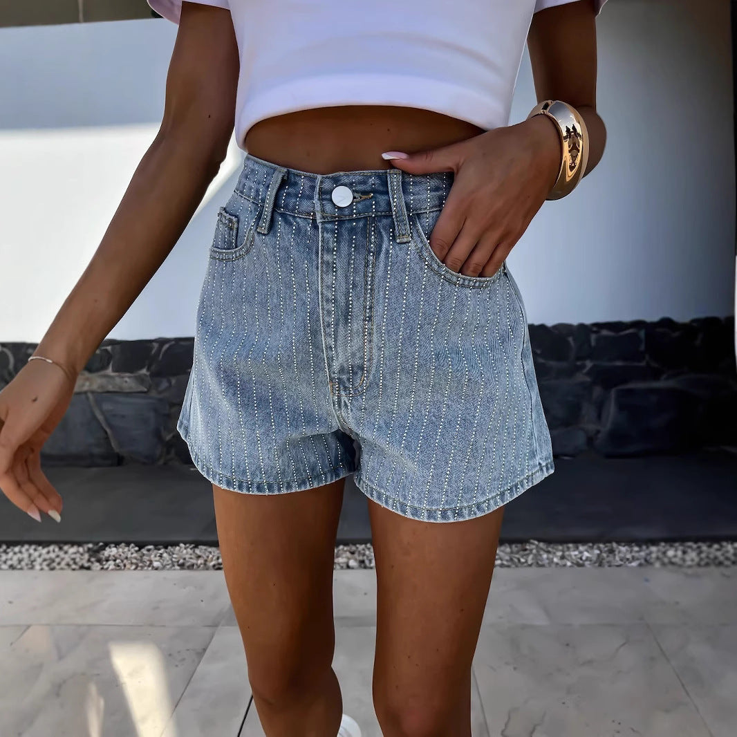Short De Rayas Con Tiro Alto Y Cierre Frontal Para Uso Diario Para Mujer | Ideal Para Temporadas Cálidas