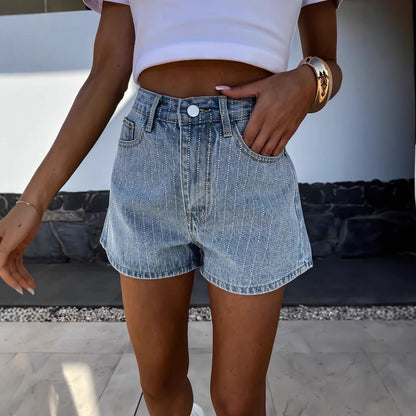 Short De Rayas Con Tiro Alto Y Cierre Frontal Para Uso Diario Para Mujer | Ideal Para Temporadas Cálidas