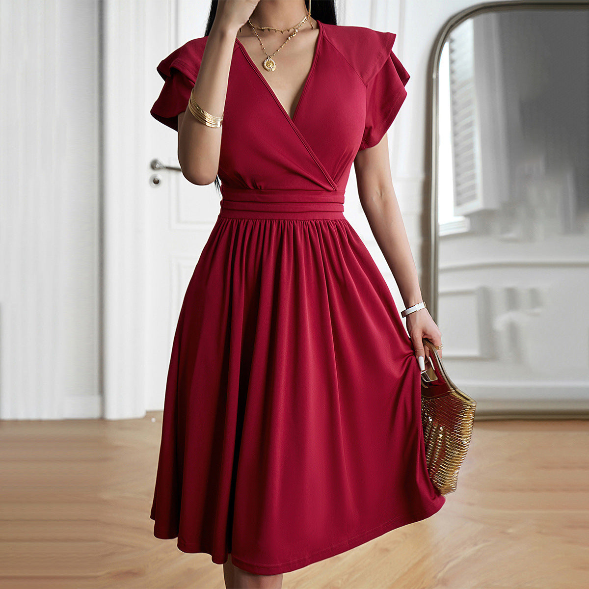 Vestido con Cuello en V y Falda Trapecio para Mujer | Ideal para Uso Diario y Salidas