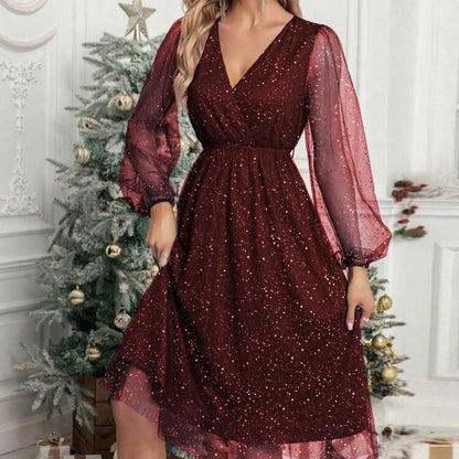 Vestido Midi con Cuello en V y Mangas Abullonadas Transparentes para Mujer | Ideal para Eventos y Recepciones