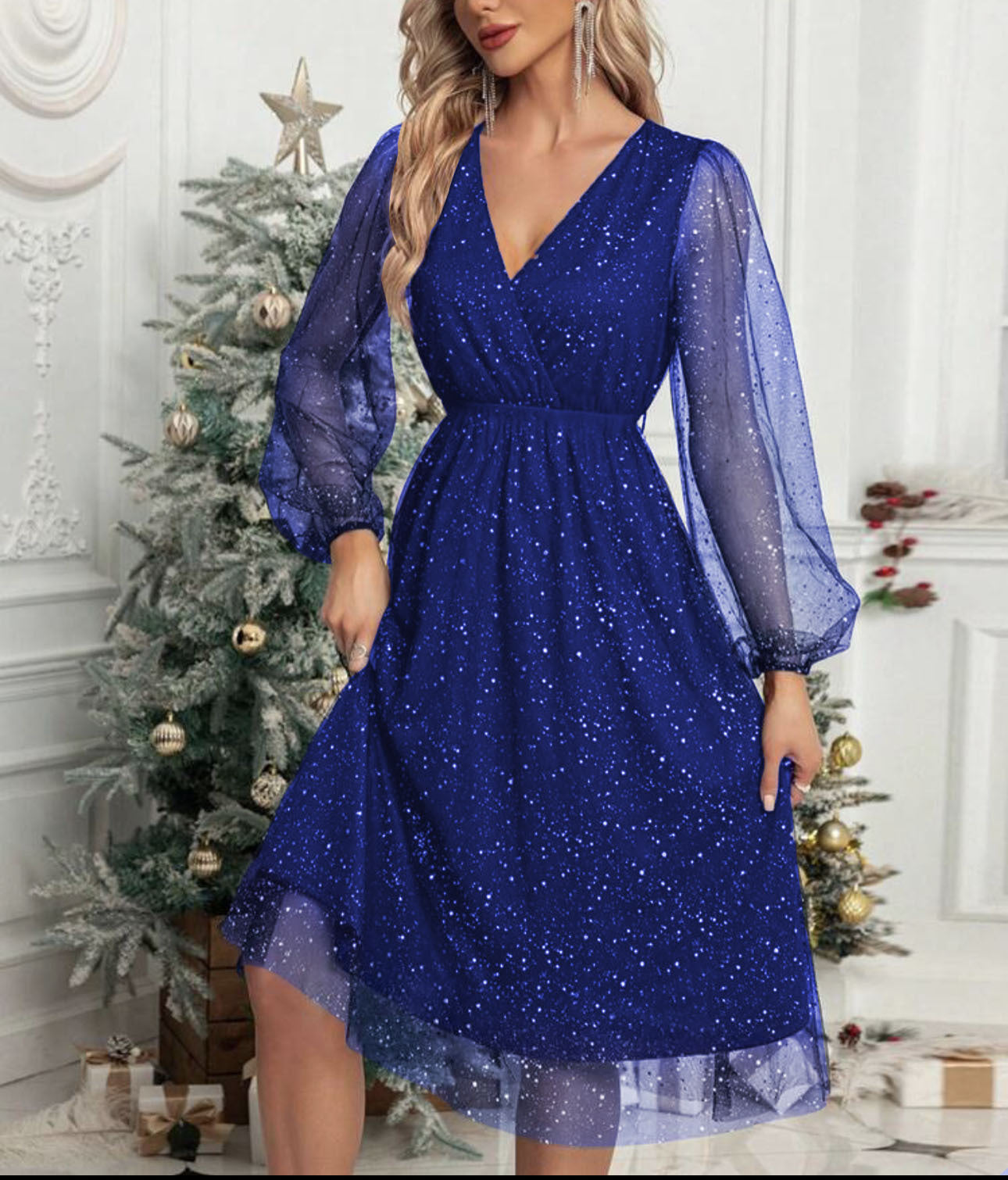 Vestido Midi con Cuello en V y Mangas Abullonadas Transparentes para Mujer | Ideal para Eventos y Recepciones