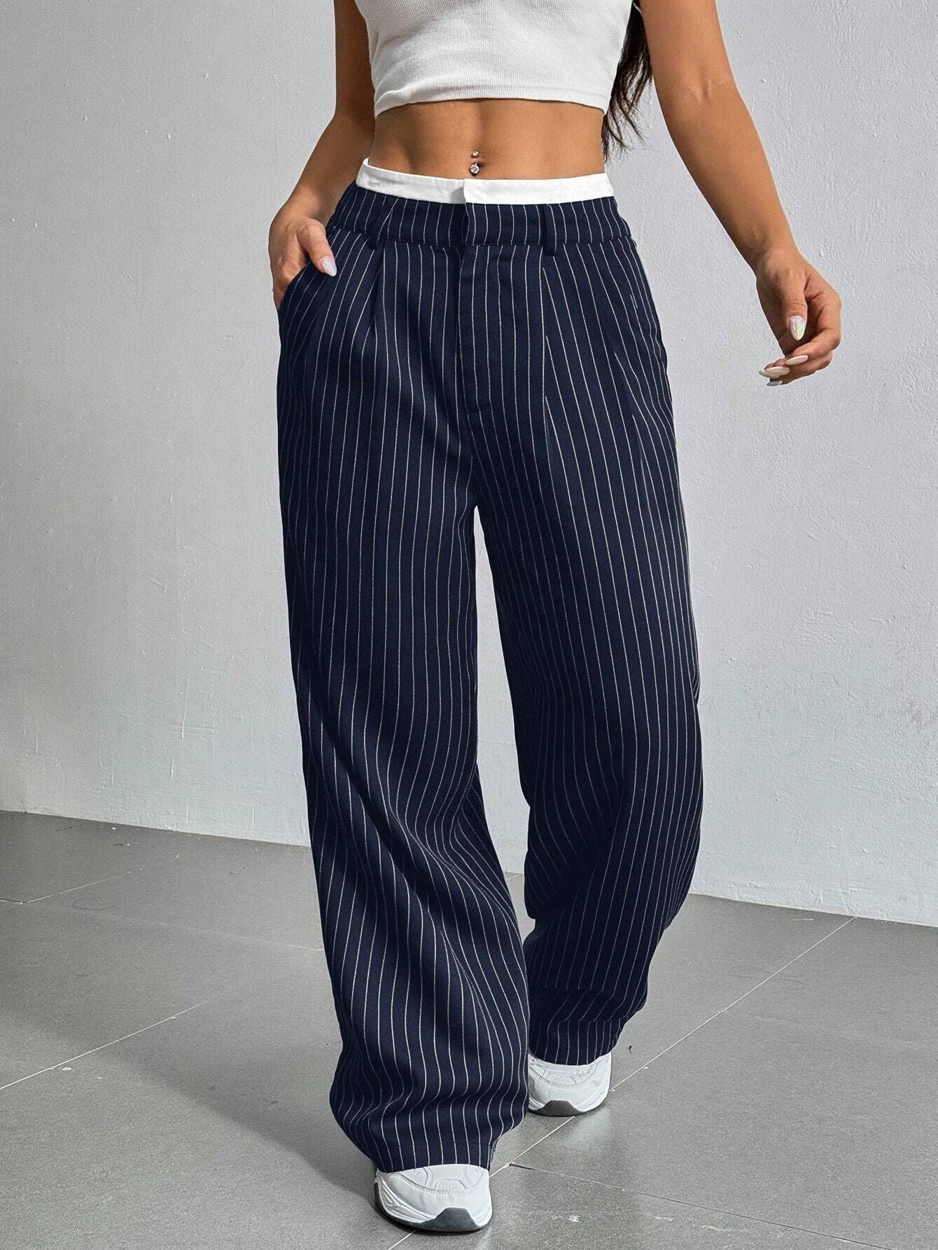 Pantalón Ancho con Rayas Verticales y Cintura Elástica para Mujer | Ideal para Uso Diario o Salidas Informales