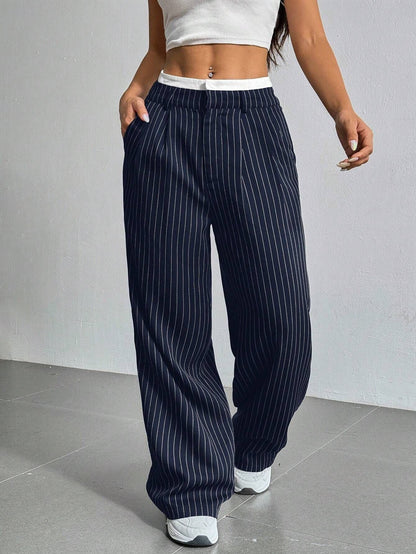 Pantalón De Pierna Ancha Con Rayas Verticales Y Cintura Elástica Para Mujer | Ideal Para Uso Diario Y Actividades Informales