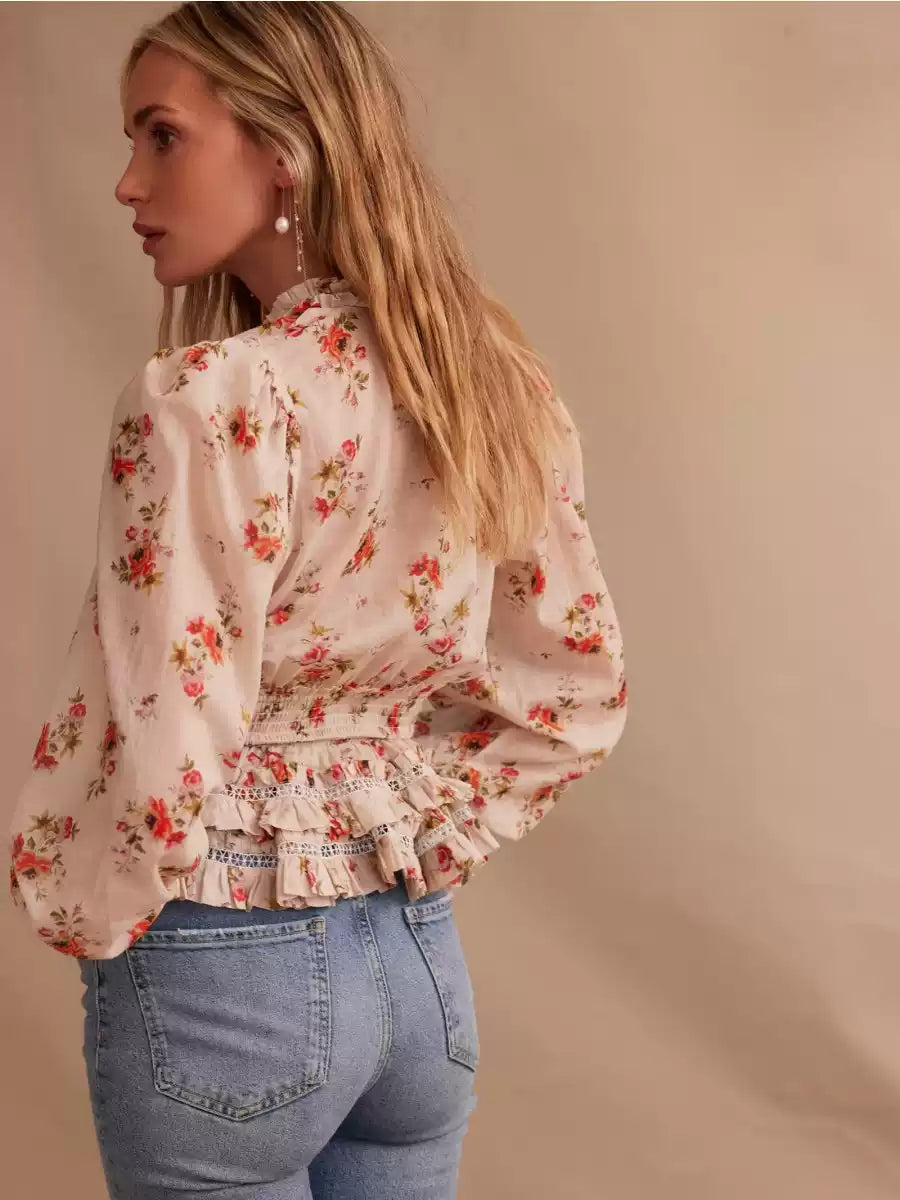 Blusa de Manga Larga con Cuello en V, Encaje y Volantes para Mujer | Ideal para Uso Diario