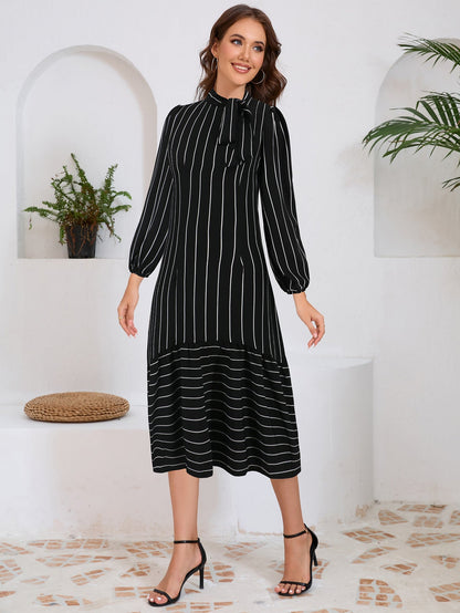 Vestido Midi Con Detalle De Lazo En El Cuello Y Manga Larga Para Mujer | Ideal Para Salidas Y Eventos