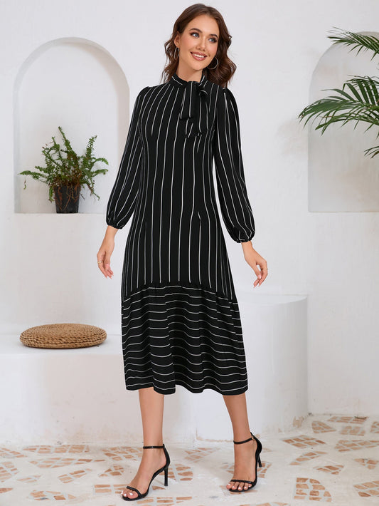 Vestido Midi Con Detalle De Lazo En El Cuello Y Manga Larga Para Mujer | Ideal Para Salidas Y Eventos
