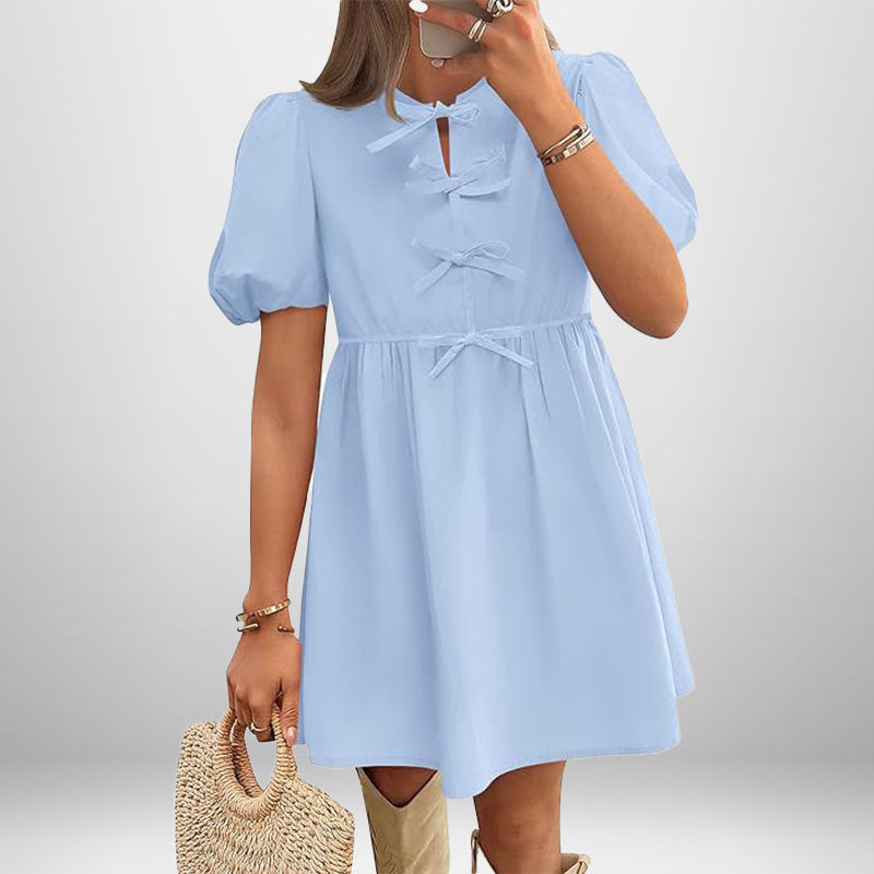 Vestido Corto Con Mangas Abullonadas Y Detalle De Lazo Para Mujer | Ideal Para Uso Diario Y Eventos