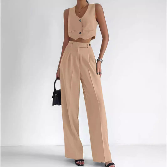 Conjunto De Dos Piezas Con Gilet Corto Abotonado Y Pantalón De Cintura Alta Para Mujer | Ideal Para Uso Diario