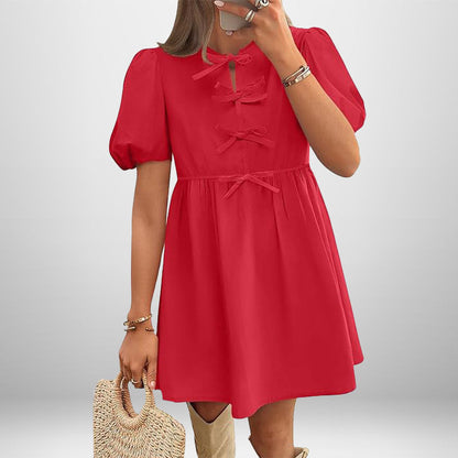 Vestido Corto Con Mangas Abullonadas Y Detalle De Lazo Para Mujer | Ideal Para Uso Diario Y Eventos