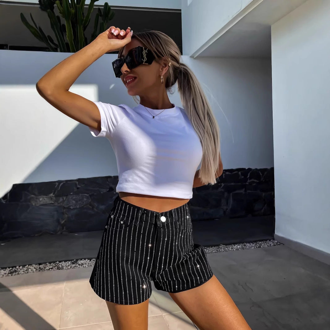 Short De Rayas Con Tiro Alto Y Cierre Frontal Para Uso Diario Para Mujer | Ideal Para Temporadas Cálidas