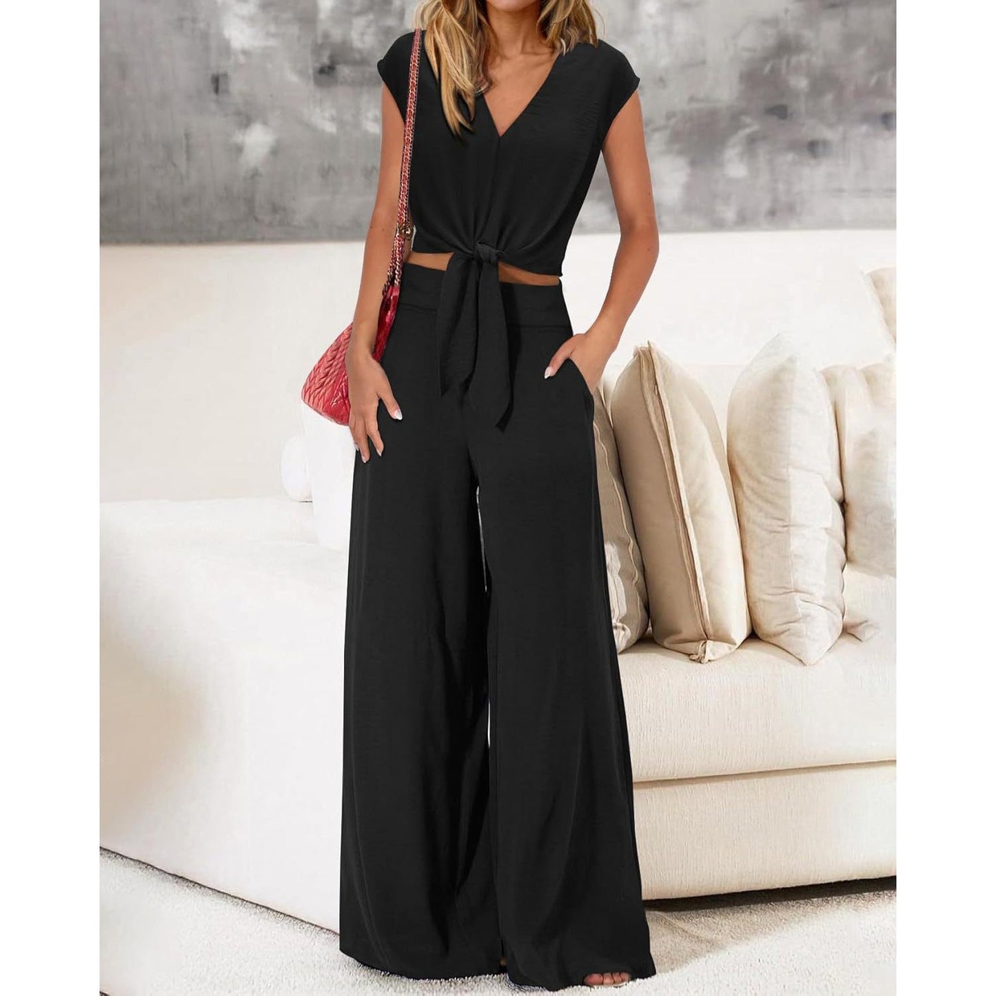 Conjunto De Dos Piezas Con Top Corto De Escote En V Y Pantalón De Cintura Alta Para Mujer | Ideal Para Uso Diario