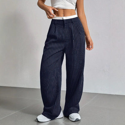 Pantalón Ancho con Rayas Verticales y Cintura Elástica para Mujer | Ideal para Uso Diario o Salidas Informales