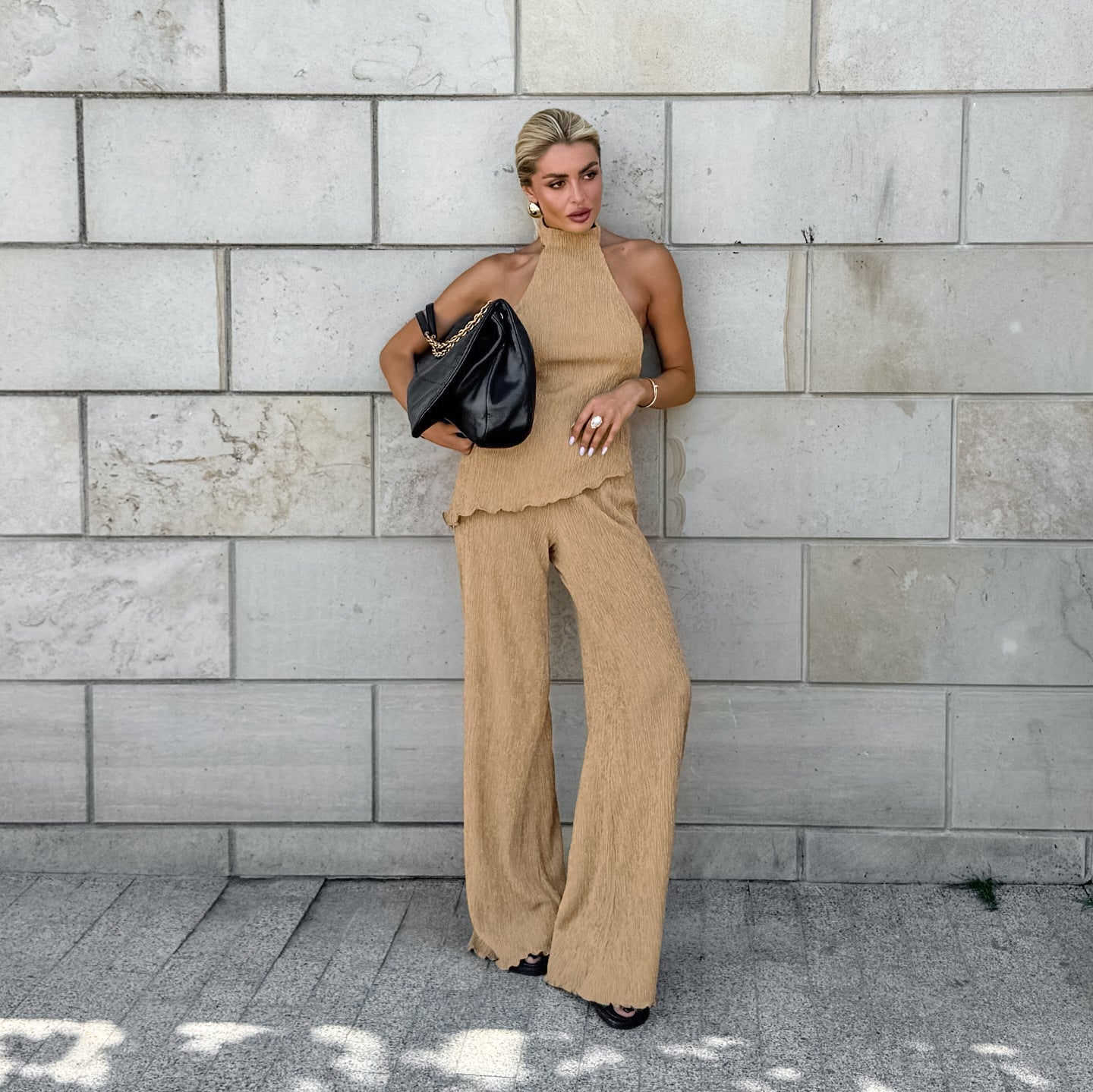 Conjunto De Dos Piezas Plisado Con Top Halter Y Pantalón De Pierna Ancha Para Mujer | Ideal Para Verano Y Eventos Al Aire Libre