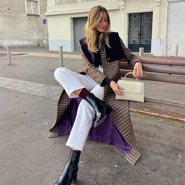 Trench de Cuadros con Corte Largo para Mujer | Ideal para Uso Diario u Ocasiones Variadas
